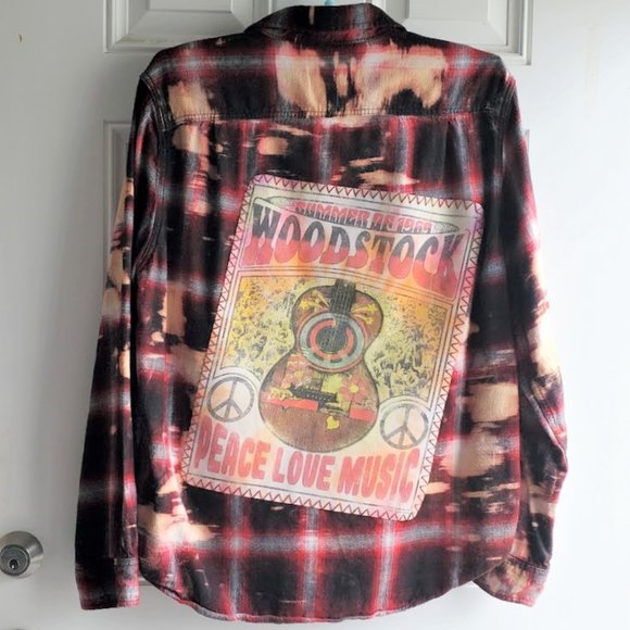Upcycled Distressed Flannel Shirt WOODSTOCK Piece Love Music Graphic Tee Back